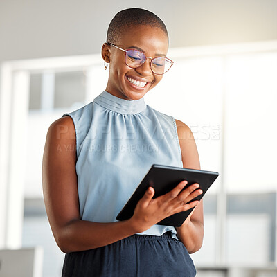 Buy stock photo Smile, business tablet and black woman, designer or creative in office online. Touchscreen, technology and African female professional on email app, design research or website, internet or reading.