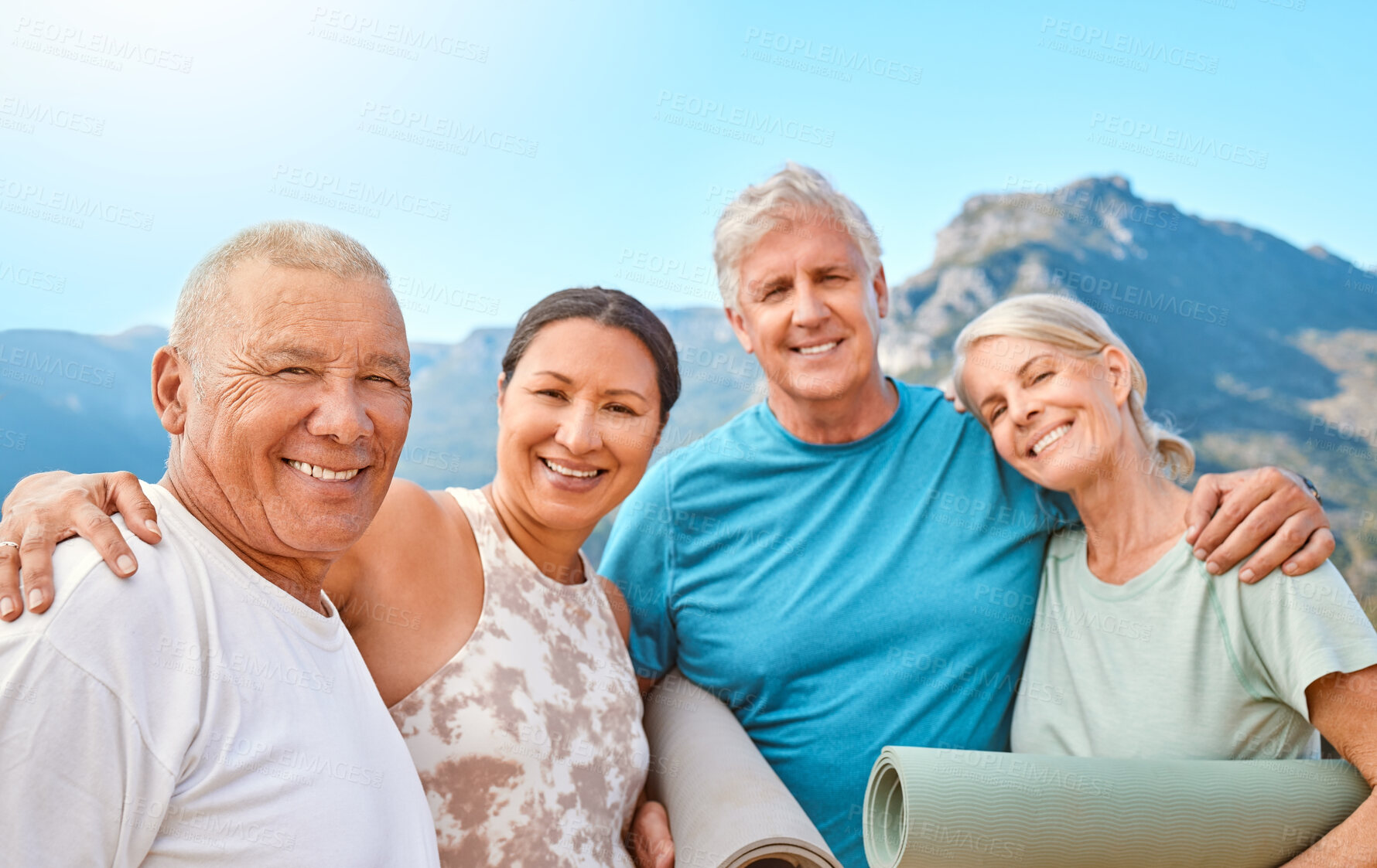 Buy stock photo Happy, portrait and elderly friends with yoga mat outdoor at a wellness, health and spiritual resort. Fitness, smile and group of senior people at a pilates or meditation class in nature at a retreat