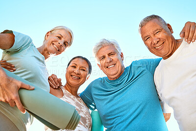 Buy stock photo Fitness, portrait and senior friends at yoga outdoor at a wellness, health and spiritual resort. Happy, smile and low angle of a group of elderly people in a huddle at a pilates or meditation class.