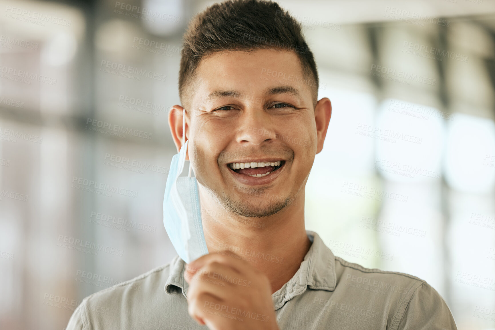 Buy stock photo Portrait, mask and man in office, happy and confident with protection, virus and infection. Business, professional and allergy relief with face cover, employee and prevention of  flu and health