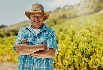 Buy stock photo One smiling senior mixed race confident farmer standing with his arms crossed on his vineyard with copyspace. Hispanic elderly man with his arms folded on a wine farm and wearing sunglasses in summer