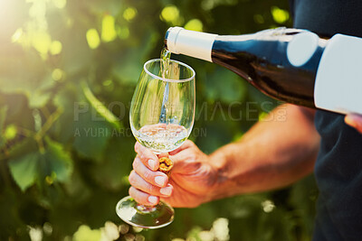 Buy stock photo Closeup of one unknown farmer pouring white wine into wineglass on farm. Caucasian man holding a bottle and filling a glass with alcohol for tasting during summer on his vineyard. Weekend wine tasting