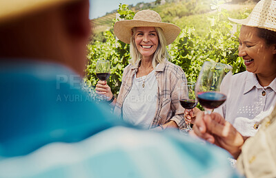 Diverse group of friends holding wineglasses on a vineyard. Happy group of people standing together and bonding during wine tasting on farm during the weekend. Friends enjoying white wine and alcohol
