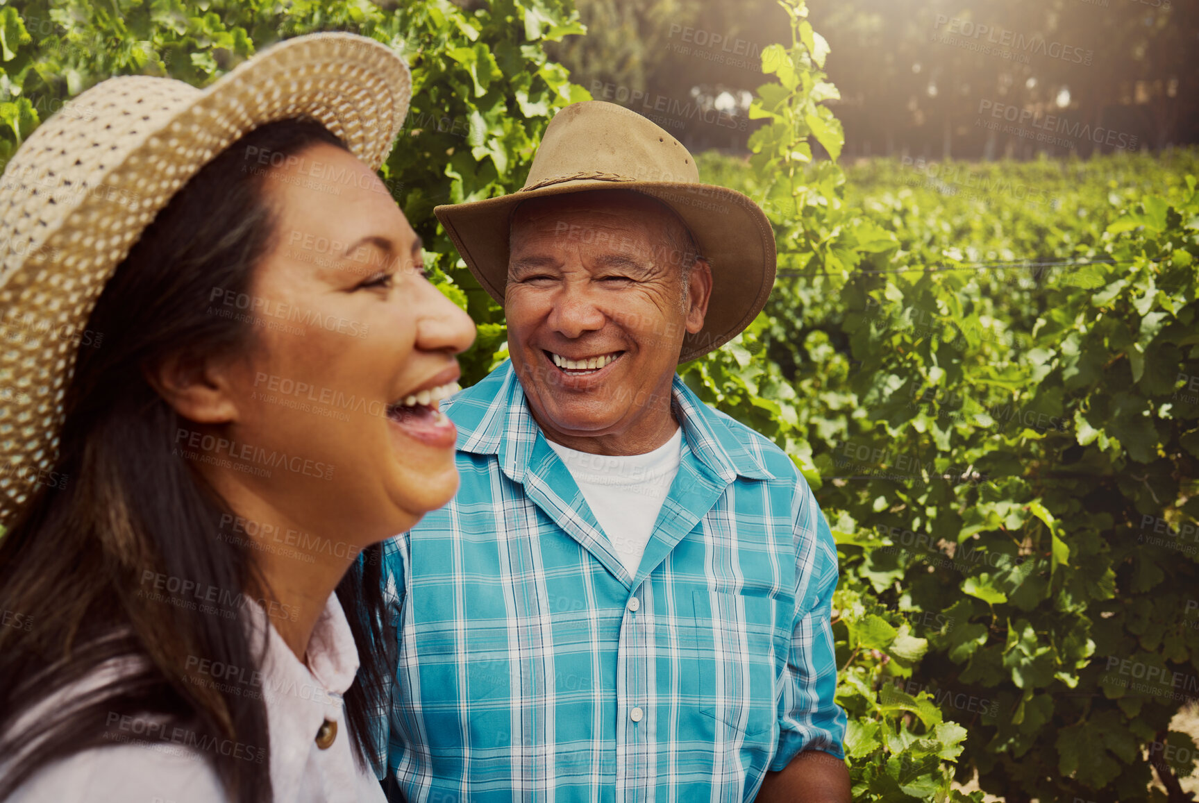 Buy stock photo Smiling mixed race couple bonding on vineyard. Happy hispanic husband and wife laughing and enjoying day on a farm after wine tasting during a weekend. Man and woman wearing hats and standing together