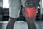 The back of the thigh always hurts. hands of a bodybuilder holding his hurt leg. Leg cramps can hit any athlete. Being fit needs strength. Physical pain from injury can be prevented when exercising.