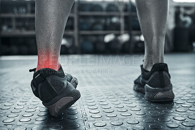 Buy stock photo An ankle sprain from one wrong move. Exercise can result in muscle strain. Closeup on foot pain of a bodybuilder in the gym. Cgi red spots highlight problem pain areas. Try not to twist your ankle.