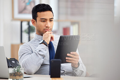 Buy stock photo Tablet, thinking and business man in office with stock market research, investment decision and choice. Idea, solution and focus of asian person or accountant reading, tech and digital finance report