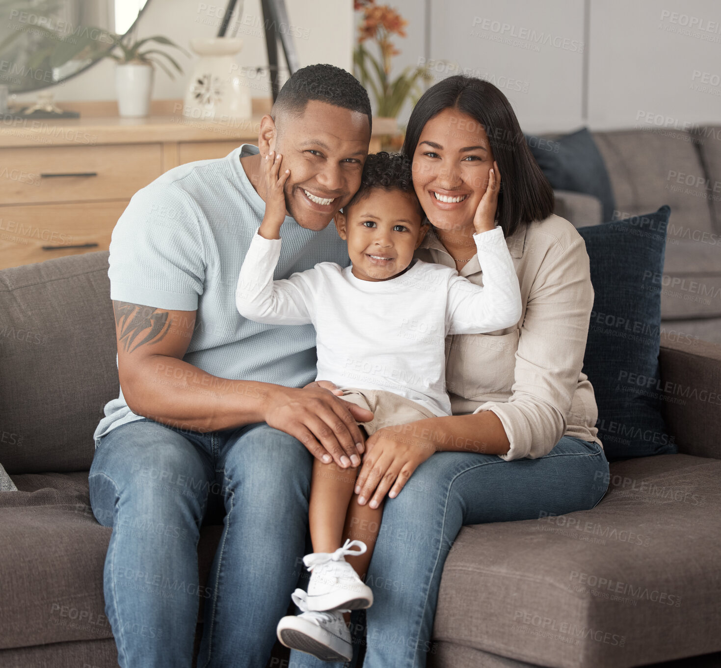 Buy stock photo Happy parents, boy and portrait on sofa in home for quality time, love and care together in living room in Colombia. Mother, father and child relax on couch with smile, happiness and family support 