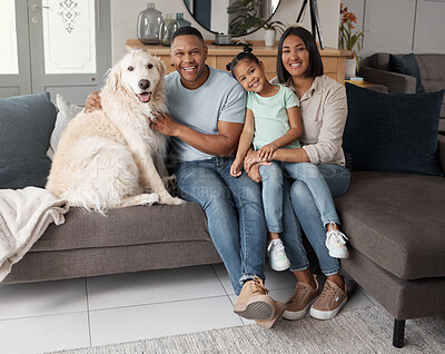 Buy stock photo Parents, girl and dog on sofa, portrait and smile with love, care and bonding in living room at family home. Father, mother and daughter with pet animal, happiness or relax together on lounge couch