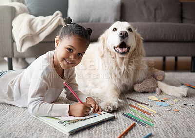 Buy stock photo Girl, drawing and floor in portrait by dog, coloring book or smile for learning, education and development in home. Female child, color pencil or art in notebook, writing or pet on carpet in house