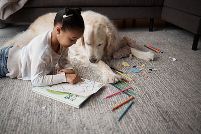 Buy stock photo Girl, dog and book on floor in home or smile for learning, education and development with homework. Female child, color pencil and art in notebook, writing and pet animal on carpet in family house