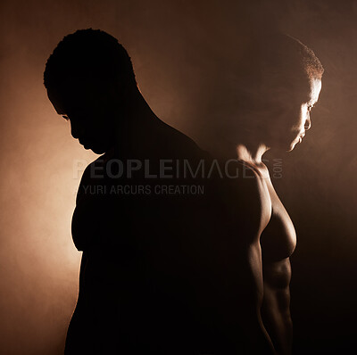 Buy stock photo Black man, dark studio and muscle silhouette reflection with thinking, depression and mental health with shadow. Man, art aesthetic and smoke with strong body, alone and struggle with anxiety problem