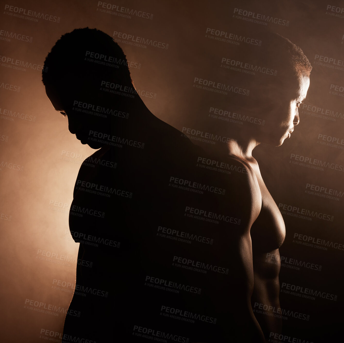 Buy stock photo Black man, dark studio and muscle silhouette reflection with thinking, depression and mental health with shadow. Man, art aesthetic and smoke with strong body, alone and struggle with anxiety problem