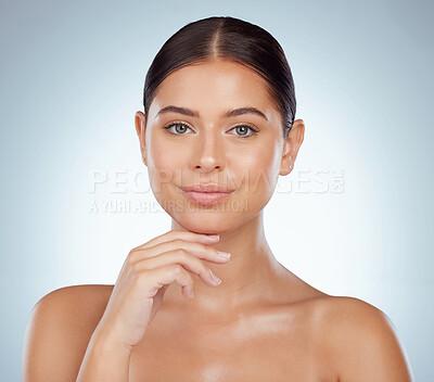 Buy stock photo Face, beauty skincare and confident woman in studio isolated on a white background. Portrait, natural and female model in makeup, cosmetics or facial treatment for skin health, aesthetic or wellness.