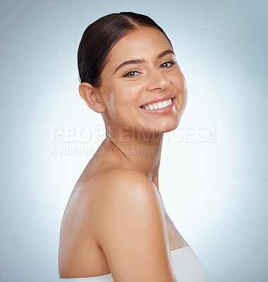 Buy stock photo Face, skincare and happy woman in studio isolated on a white background. Portrait, natural beauty and female model in makeup, cosmetics or spa facial treatment for skin health, aesthetic or wellness.