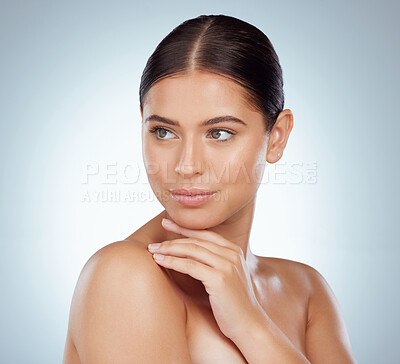 Buy stock photo Beauty, face and smooth skincare of woman in studio isolated on a white background. Natural, female model and makeup, cosmetics or spa facial treatment for healthy skin, glowing aesthetic or wellness