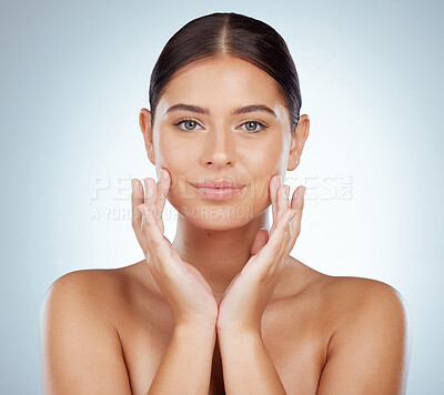 Buy stock photo Face, skincare and beauty of confident woman in studio isolated on white background. Portrait, natural and female model in makeup, cosmetics or facial treatment for skin health, aesthetic or wellness