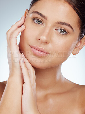 Buy stock photo Face, skincare and beauty of woman in studio isolated on a white background. Portrait, natural and serious female model in makeup, cosmetics or facial treatment for skin health, aesthetic or wellness