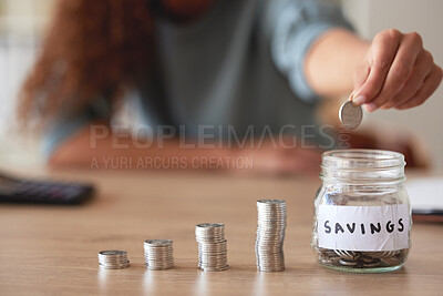 Buy stock photo Hand, savings jar and money with finance and budget, future financial planning with investment and coins on a table. Woman saving, payment and economy, growth and development, cash in glass container