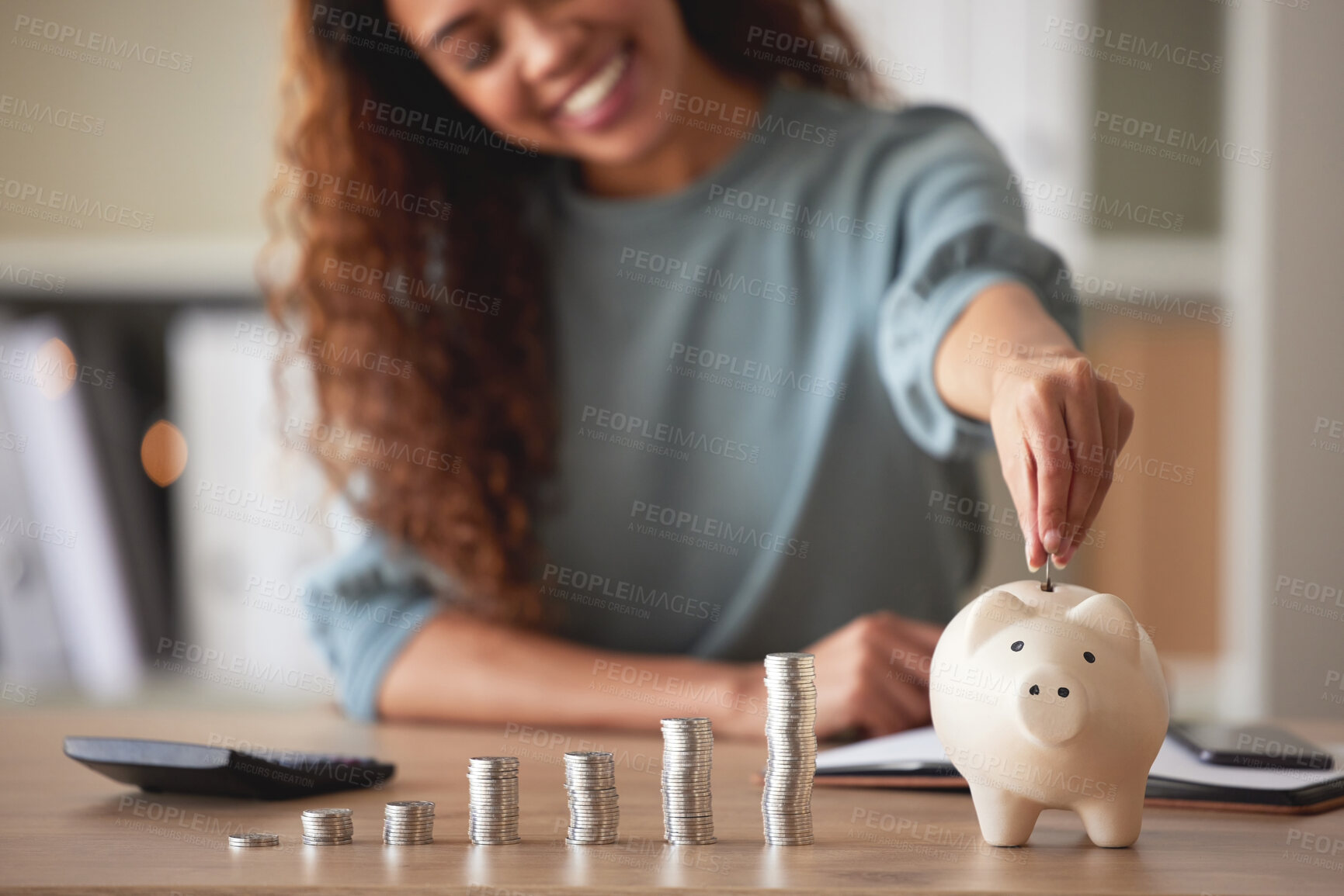 Buy stock photo Piggy bank, smile and woman with money, saving or home with investment, calculator or financial planning. Female person, happy or girl with counting coins, future or happiness with a budget or profit