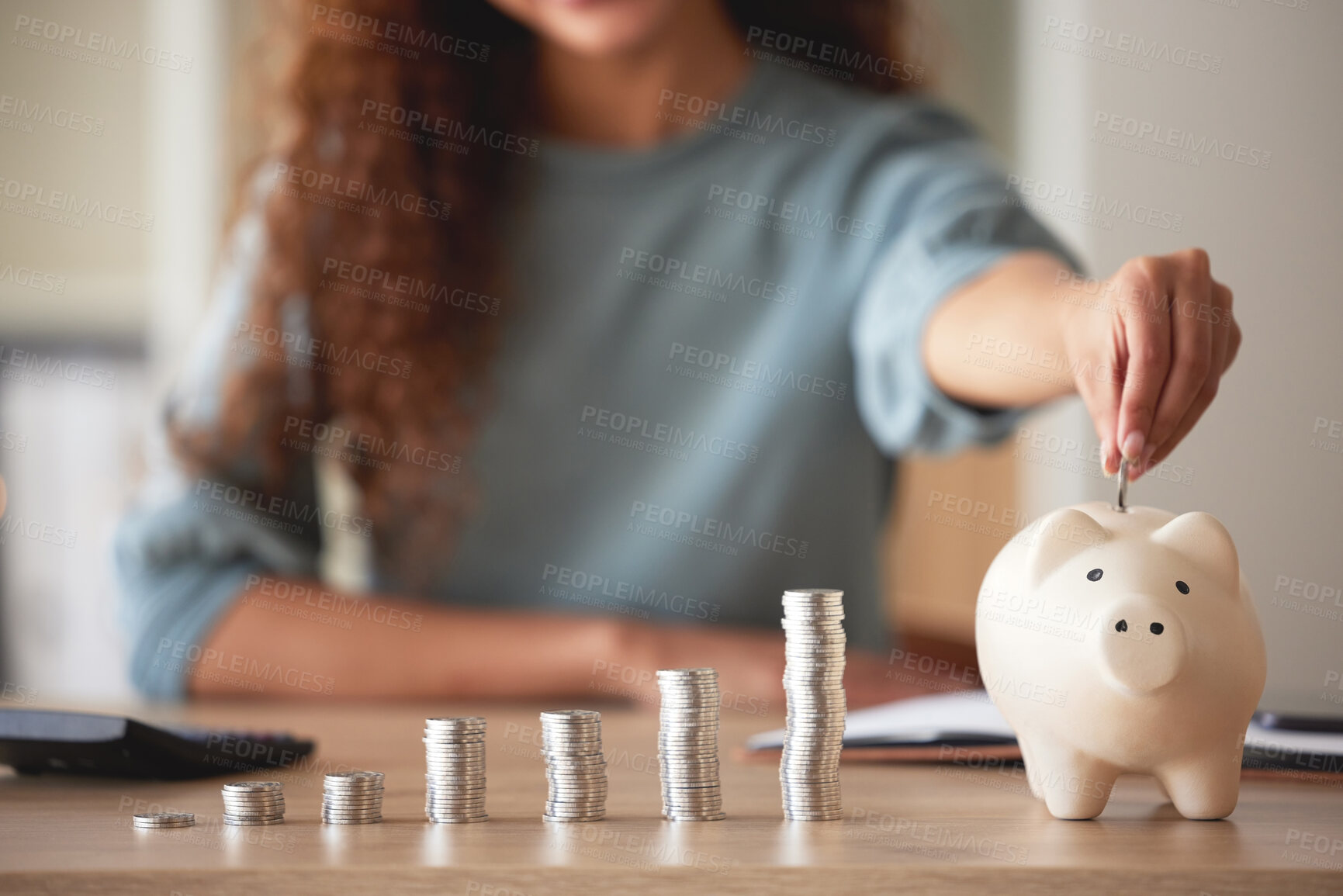 Buy stock photo Woman, hand and money savings in piggy bank, finance and budget, future financial planning with investment and coins on table. Female person saving, economy with growth and coin currency in container