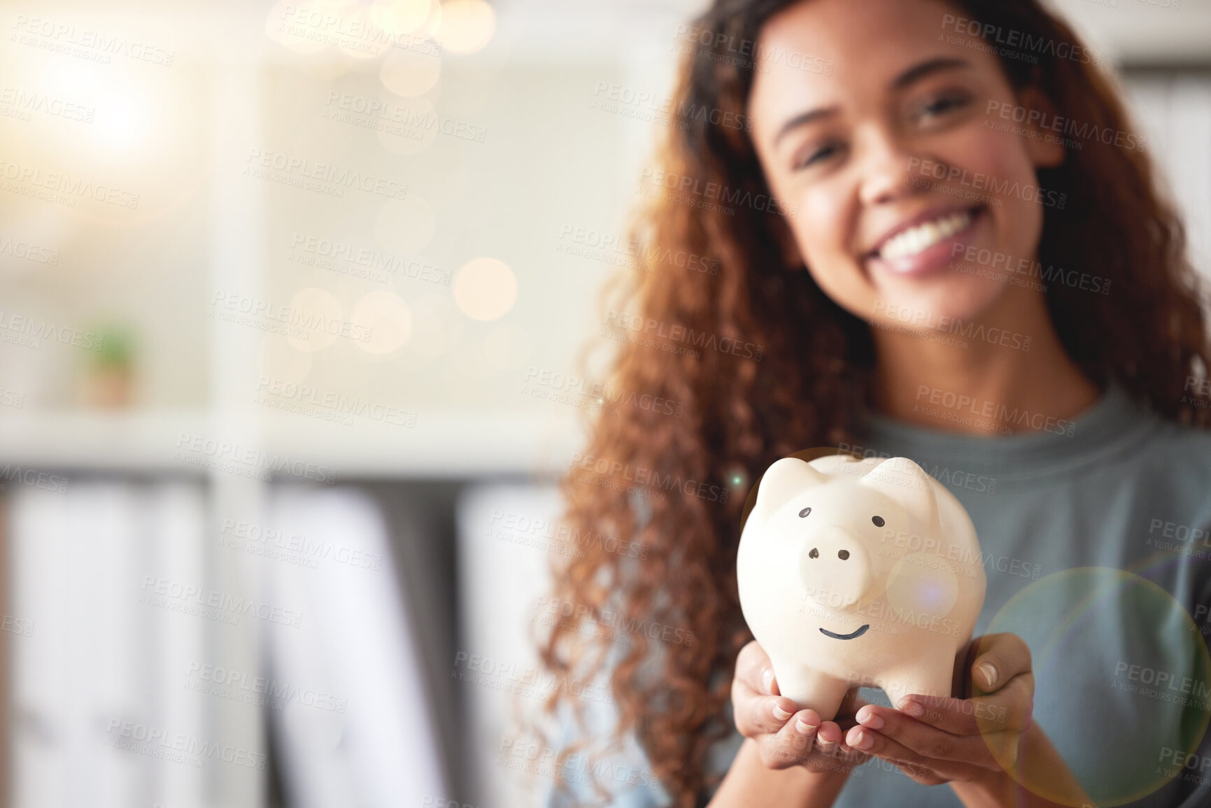 Buy stock photo Piggy bank, savings and closeup of a woman with cash for future investment, budget or wealth. Investing, accounting and female person with coins in a money box for profit growth or financial freedom.