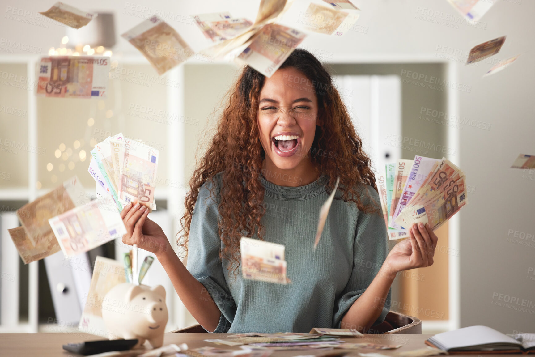 Buy stock photo Happy woman laughing with cash flying, savings and finance with success and celebrate financial goals. Budget, winning and wealth with money, investment and female person winner with salary bonus