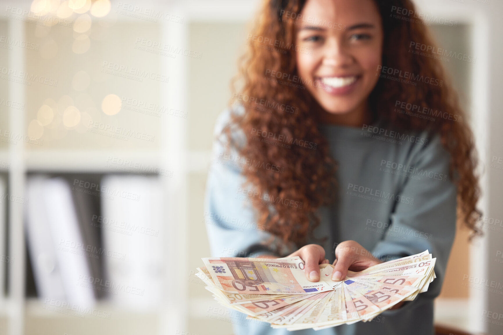 Buy stock photo Happy woman with cash in hands, savings and finance with success and celebrate financial goals. Budget, winning and wealth with money fan, investment and female person winner with mockup space