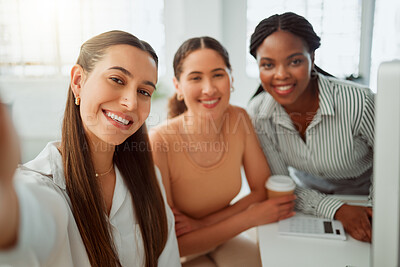 Buy stock photo Portrait of a confident young hispanic business woman taking selfies with her colleagues in an office. Group of three happy smiling women taking photos as a dedicated and ambitious team in a creative startup agency