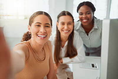 Buy stock photo Portrait of a confident young hispanic business woman taking selfies with her colleagues in an office. Group of three happy smiling women taking photos as a dedicated and ambitious team in a creative startup agency