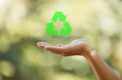 Buy stock photo Hand, closeup recycle sign isolated with bokeh effect background. Zero waste, ecology and environmental symbol  for sustainable living. Clean and eco friendly habits to protect and save the earth.