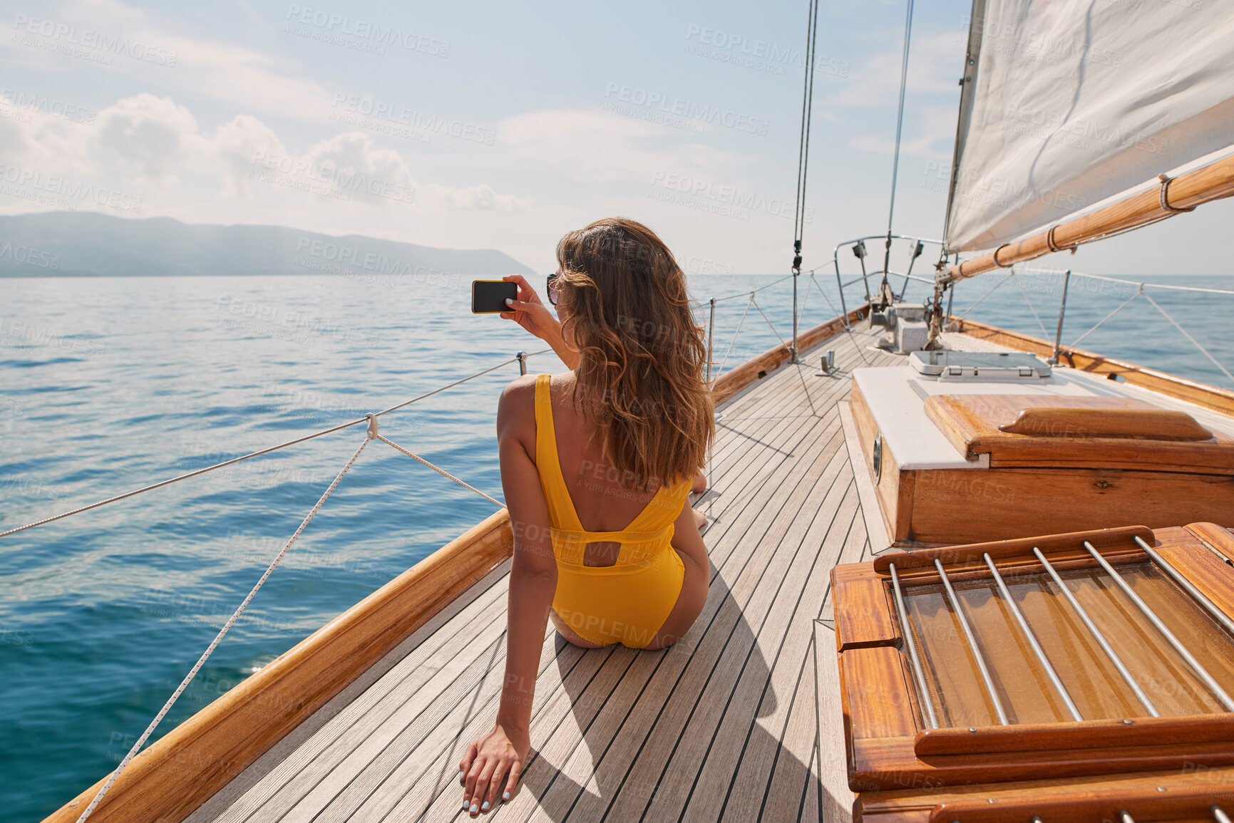 Buy stock photo Travel, selfie and women with phone on boat relax for cruise on holiday, vacation and adventure at sea. Luxury sailing, ocean and female person on smartphone for social media, memories and picture