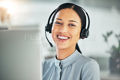 Buy stock photo Call center, headset and portrait of a happy woman at computer for customer service or sales. Smile on face of consultant person at a pc for telemarketing, crm or help desk and contact us support