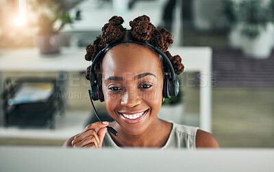 Buy stock photo Face, call center and a happy woman with a microphone at computer for customer service or sales. Smile of a black person at a pc with a headset as telemarketing, crm support or help desk consultant