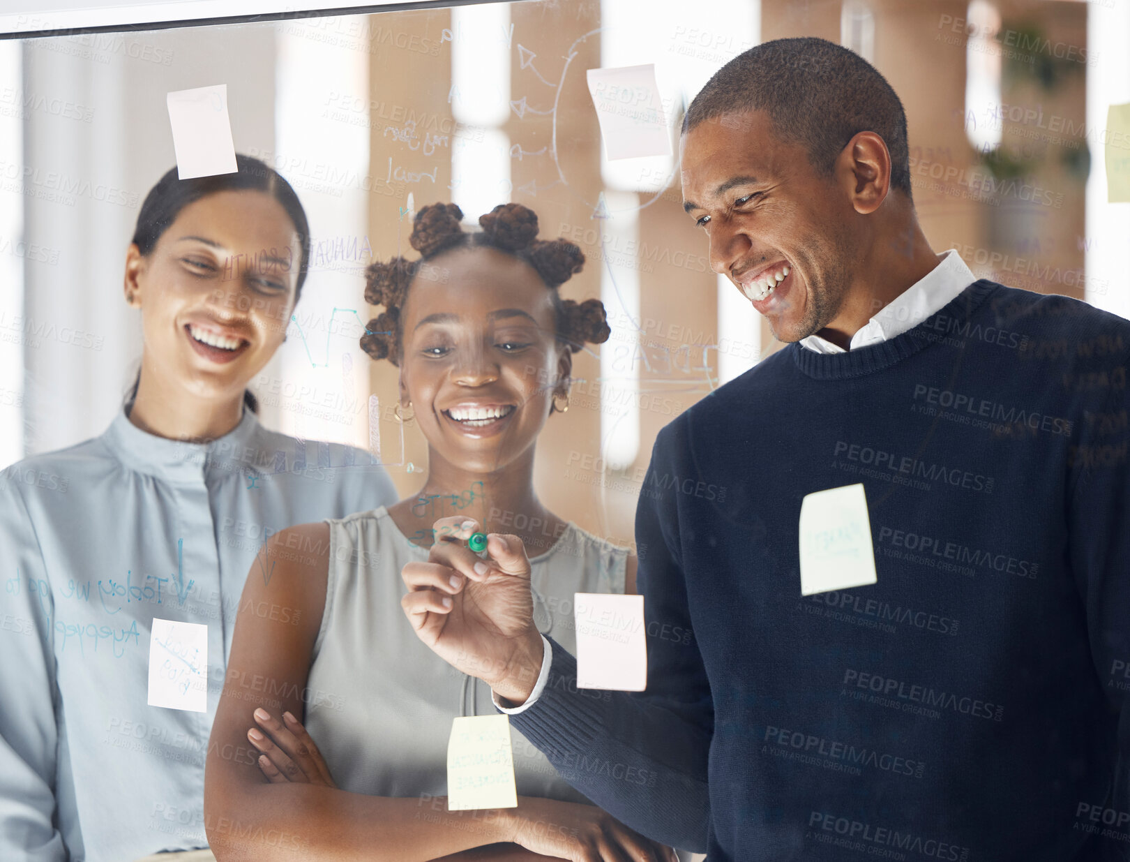 Buy stock photo Writing, creative and business people on glass board for teamwork schedule, project priority and reminder or solution. Sticky notes, collaboration and happy women, man and team, scrum and agile ideas