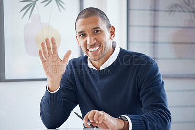 Buy stock photo Happy, portrait of businessman wave his hand and smile at his modern workstation office. Welcome greeting or happiness, health wellness and cheerful or excited man with emoji hands at his workplace