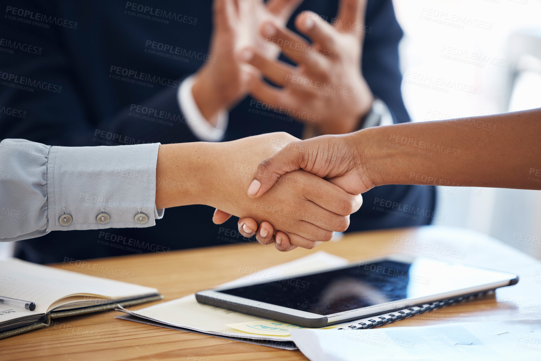 Buy stock photo Thank you, colleagues shaking hands and in a business meeting in a modern office together. Partnership or collaboration, congratulations or agreement and coworkers with handshake for teamwork