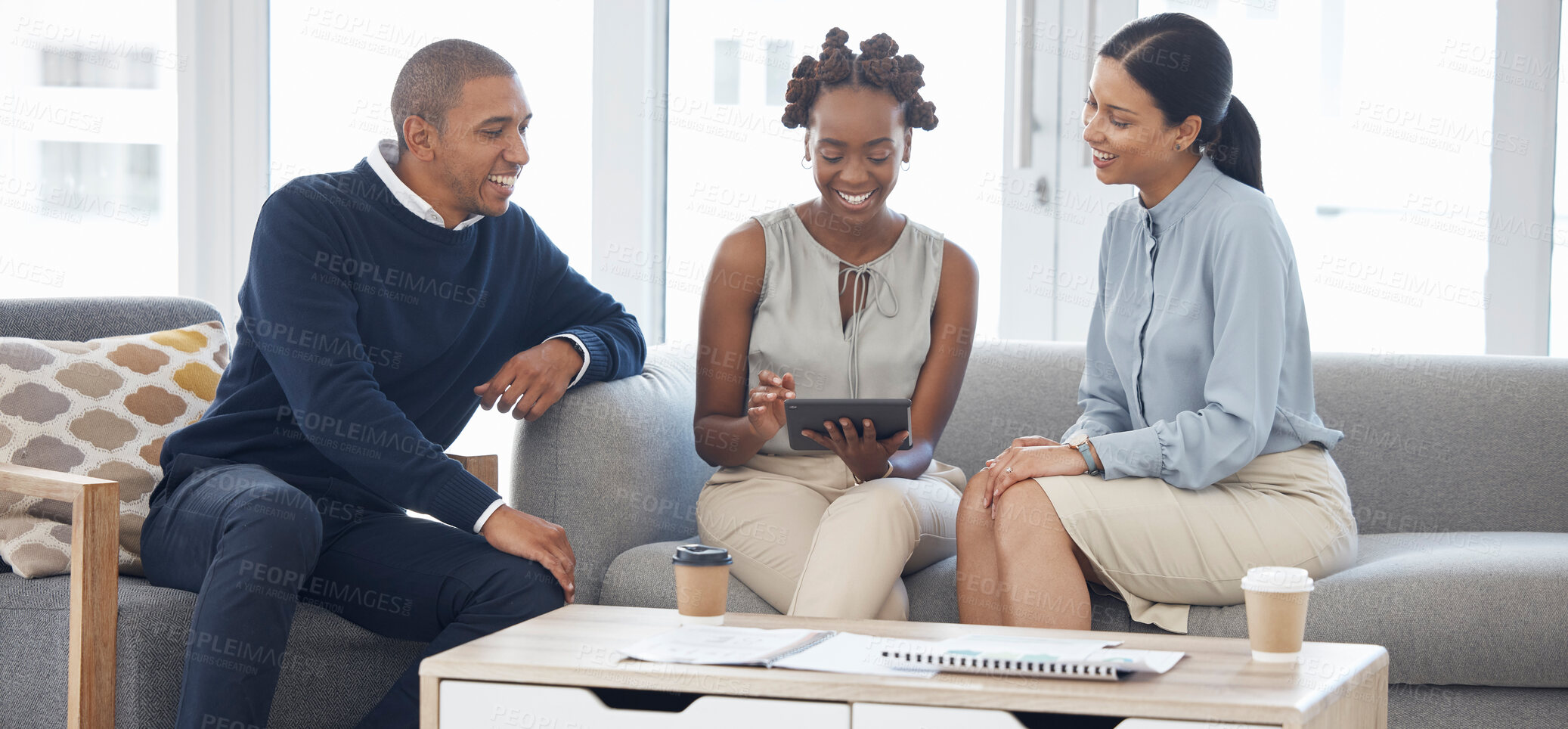 Buy stock photo Business, brainstorming and group on sofa with a tablet, idea or strategy for corporate team in accounting. People, brainstorm and working together at work in finance, audit or fintech collaboration