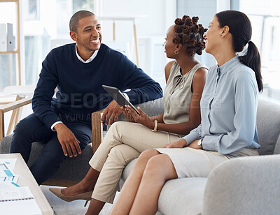 Buy stock photo Meeting, tablet and business people or clients on office sofa for collaboration, discussion and advice, consulting or b2b talk. Happy women, man or team on digital technology for advisory support
