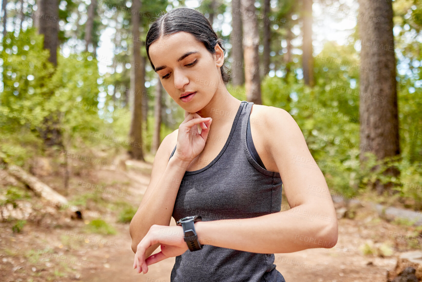 Buy stock photo One beautiful young fit and athletic woman checking her pulse while exercising outdoors. An attractive mixed race female checking her heart rate on her smart watch during a workout in nature