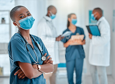 Buy stock photo Face mask, doctor and portrait of black woman with crossed arms for medical help, insurance and trust. Healthcare, hospital team and face of female health worker for service, consulting and care