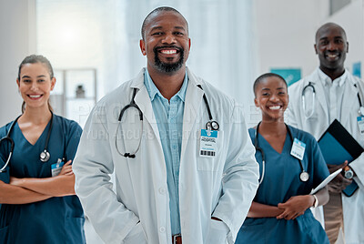 Buy stock photo Teamwork, happy and portrait of doctors in hospital for medical help, insurance and service. Healthcare, collaboration and men and women health workers smile in clinic for help, consulting and care