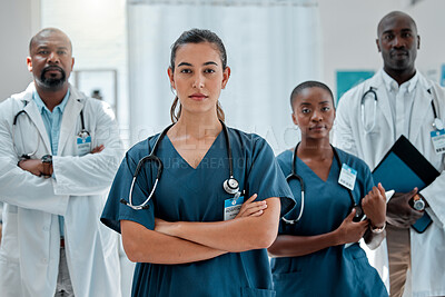 Buy stock photo Hospital, serious team and portrait of doctors with crossed arms for medical care, wellness and support. Healthcare, clinic and men and women workers for cardiology service, consulting and insurance