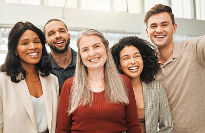 Buy stock photo Portrait of diverse group of businesspeople. Cheerful creative designers at work. Group of engineers working together in an office. Happy entrepreneurs standing in a modern office.