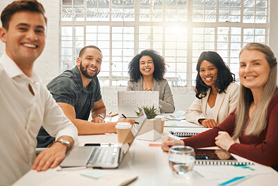 Buy stock photo Portrait of happy businesspeople. Diverse group of architects in a meeting. Group of engineers planning, collaborating in a meeting. Smiling businesspeople together in a meeting