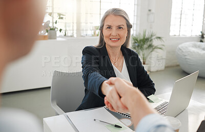 Two businesspeople shaking hands in a meeting together at work. Business professionals making a deal in an office. Mature caucasian businesswoman and businessman sitting and talking at a table