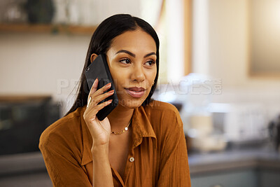 Buy stock photo Woman, phone call and kitchen in a home with blurred background. House, female and cellphone of a young person with talking and feeling relax from mobile conversation and discussion in the morning