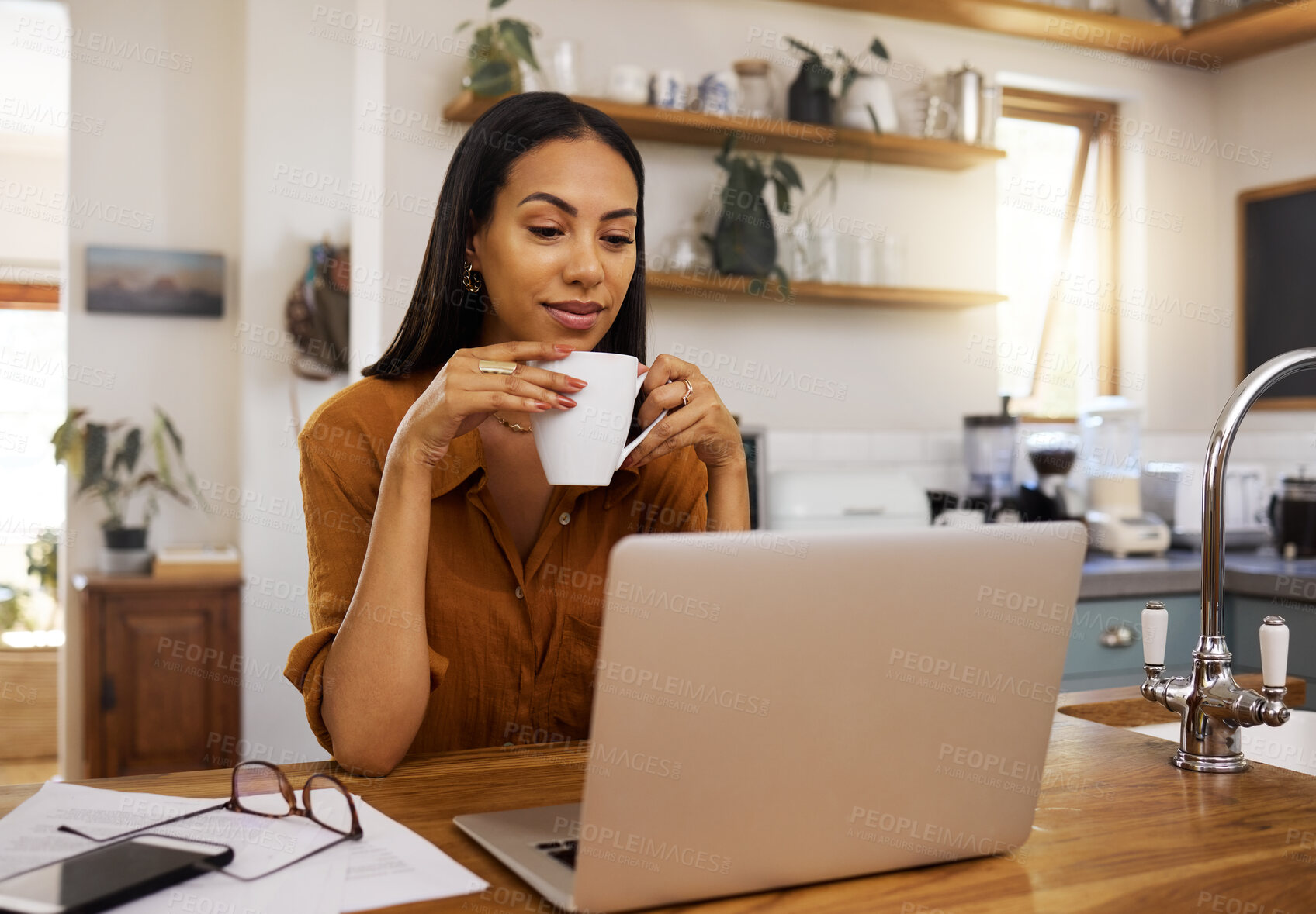 Buy stock photo Woman with coffee, remote work and laptop, reading or review with freelance employee drinking hot beverage and content. Working from home, female freelancer and technology with email and connectivity