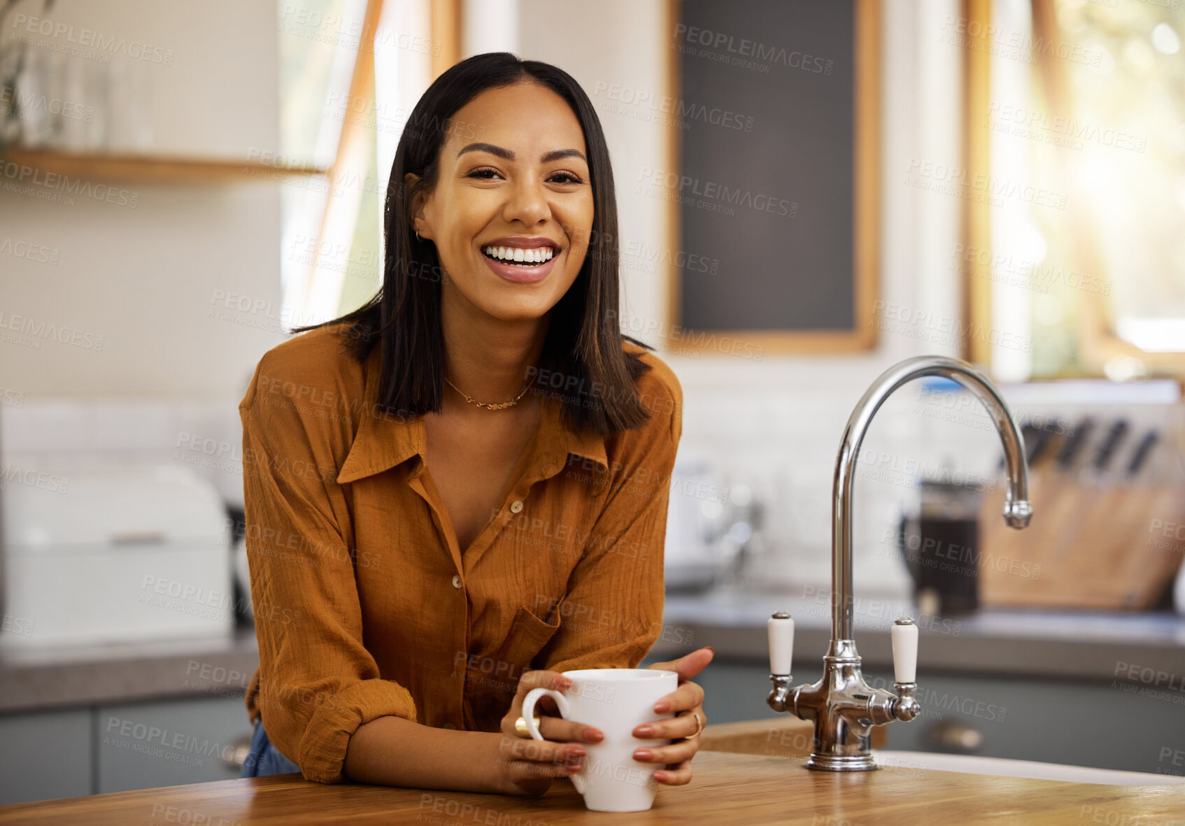 Buy stock photo Happy, coffee and woman portrait at home in a kitchen with a hot drink feeling relax and calm in the morning. Happiness, zen and female drinking in a house holding a mug in a household with tea