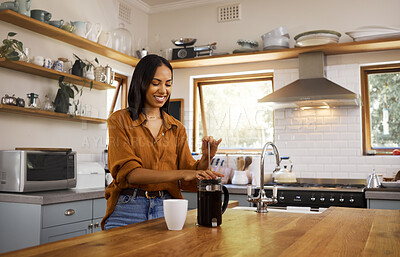 Buy stock photo Kitchen, coffee and woman with French press for breakfast latte, cappuccino and hot beverage at home. Relax, morning routine and happy girl make espresso, caffeine drink and brewing in apartment